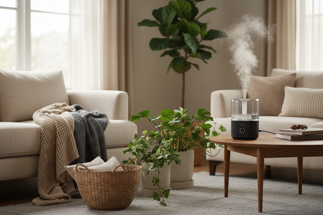 Humidificador antigravedad en sala moderna con plantas y luz natural