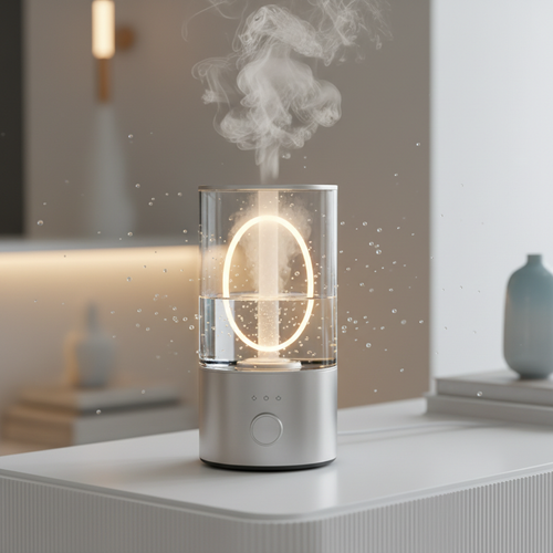 Humidificador antigravedad con niebla suspendida sobre superficie blanca